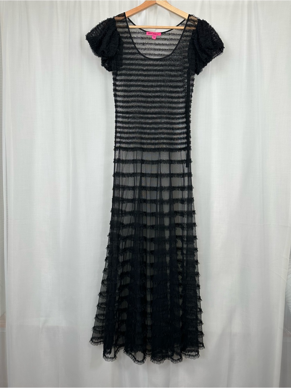 VTG Betsey Johnson Sheer‎ Black Tiered Ruffle Maxi Dress 2 Pink Label Tulle Y2K